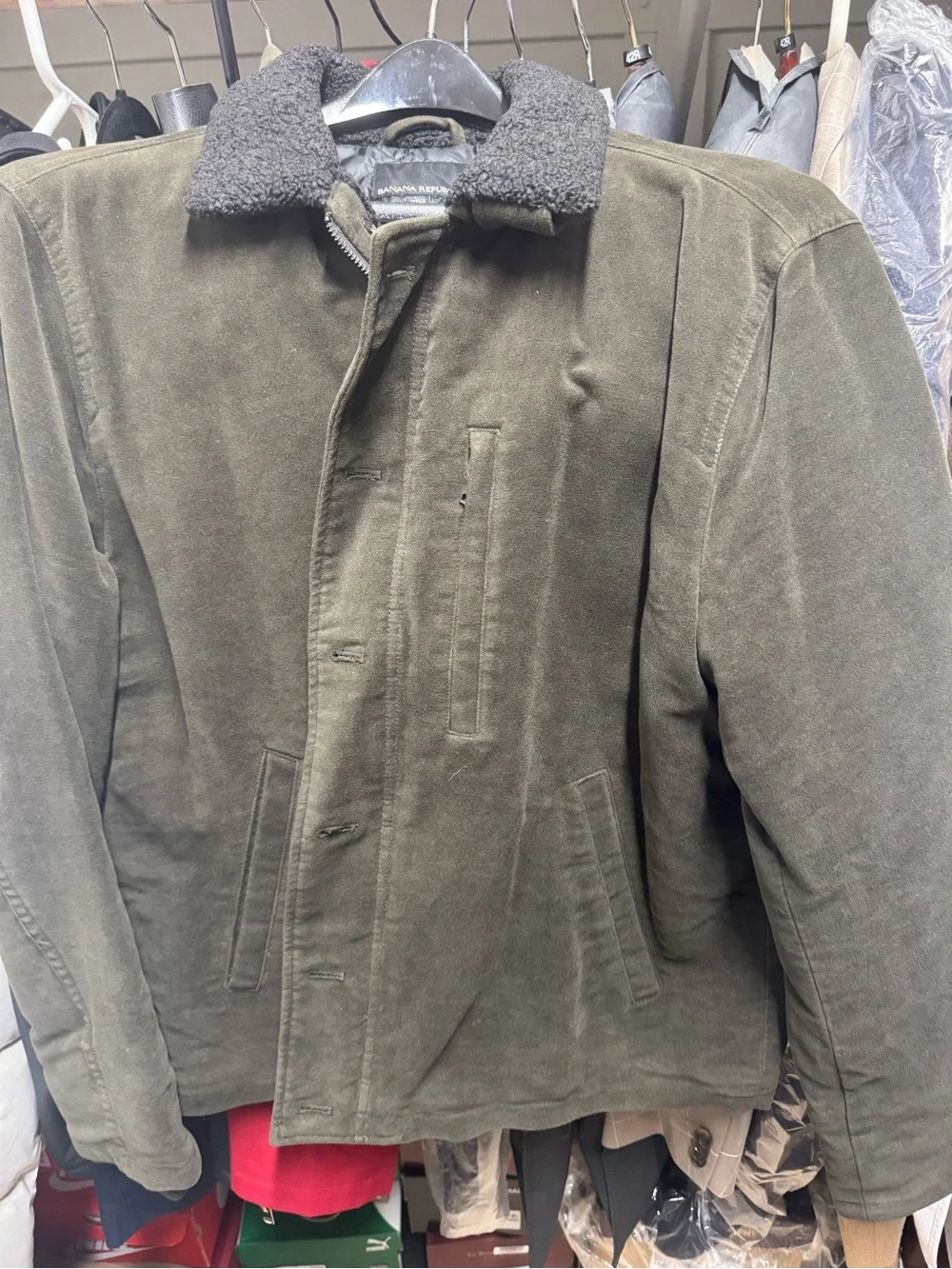 Banana Republic Olive Green Corduroy Jacket with Dark Sherpa Collar